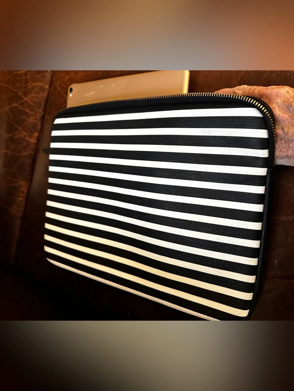 kate spade Black and White Horizontal Stripe computer pouch with Gold Plaque